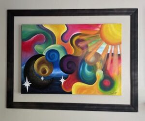 Colorful abstract painting with sun and celestial elements.