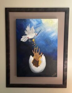 A dove dropping coins into an open hand emerging from an egg.