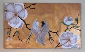 A painting of a bird with white wings among white flowers on a brown background.
