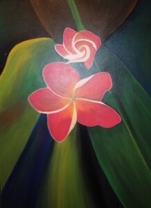 A vibrant pink flower with green and blue abstract background.