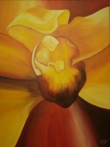 A warm-toned painting of a figure surrounded by abstract yellow and orange shapes.