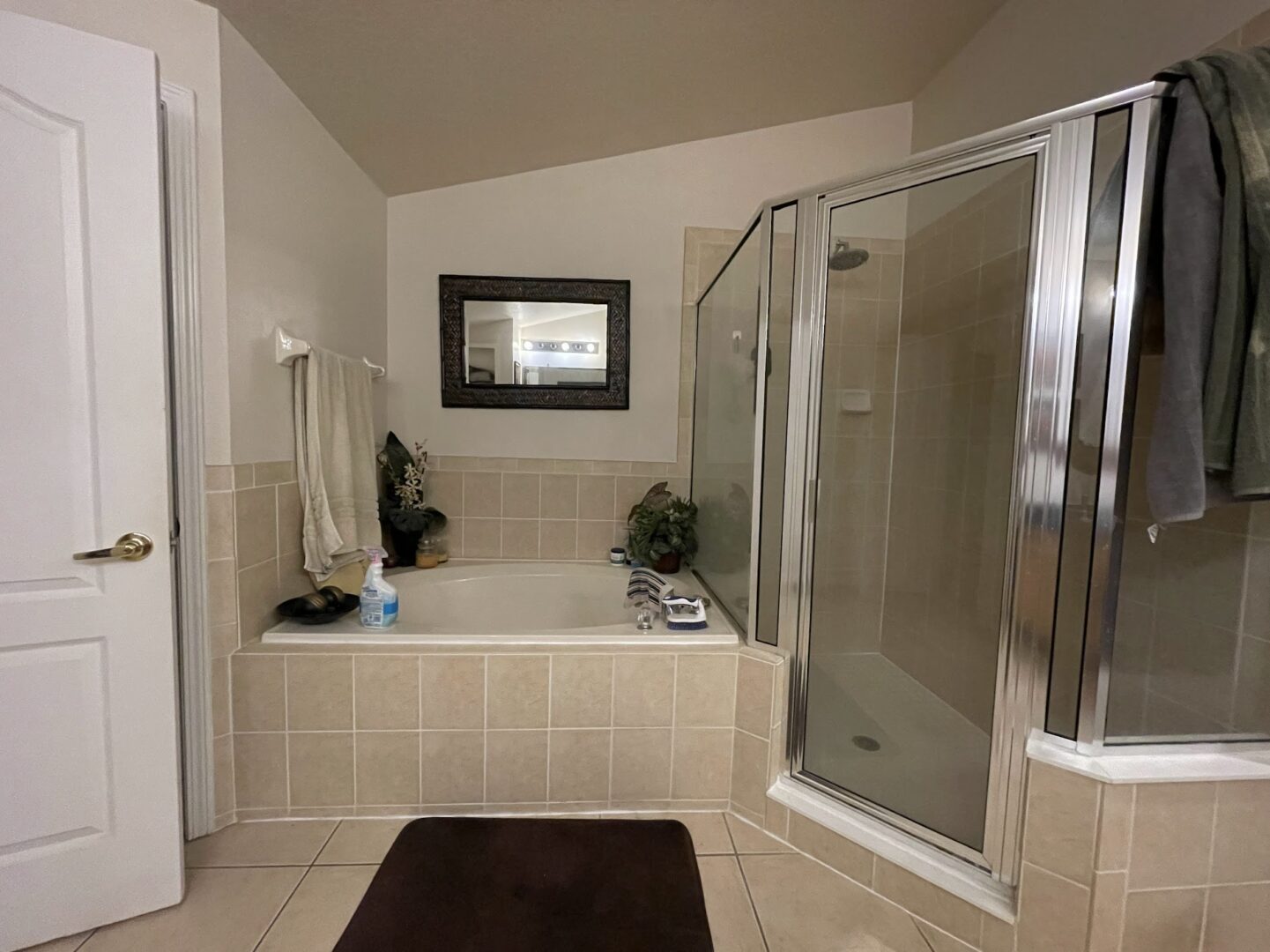Bathroom with tub, shower, and mirror.