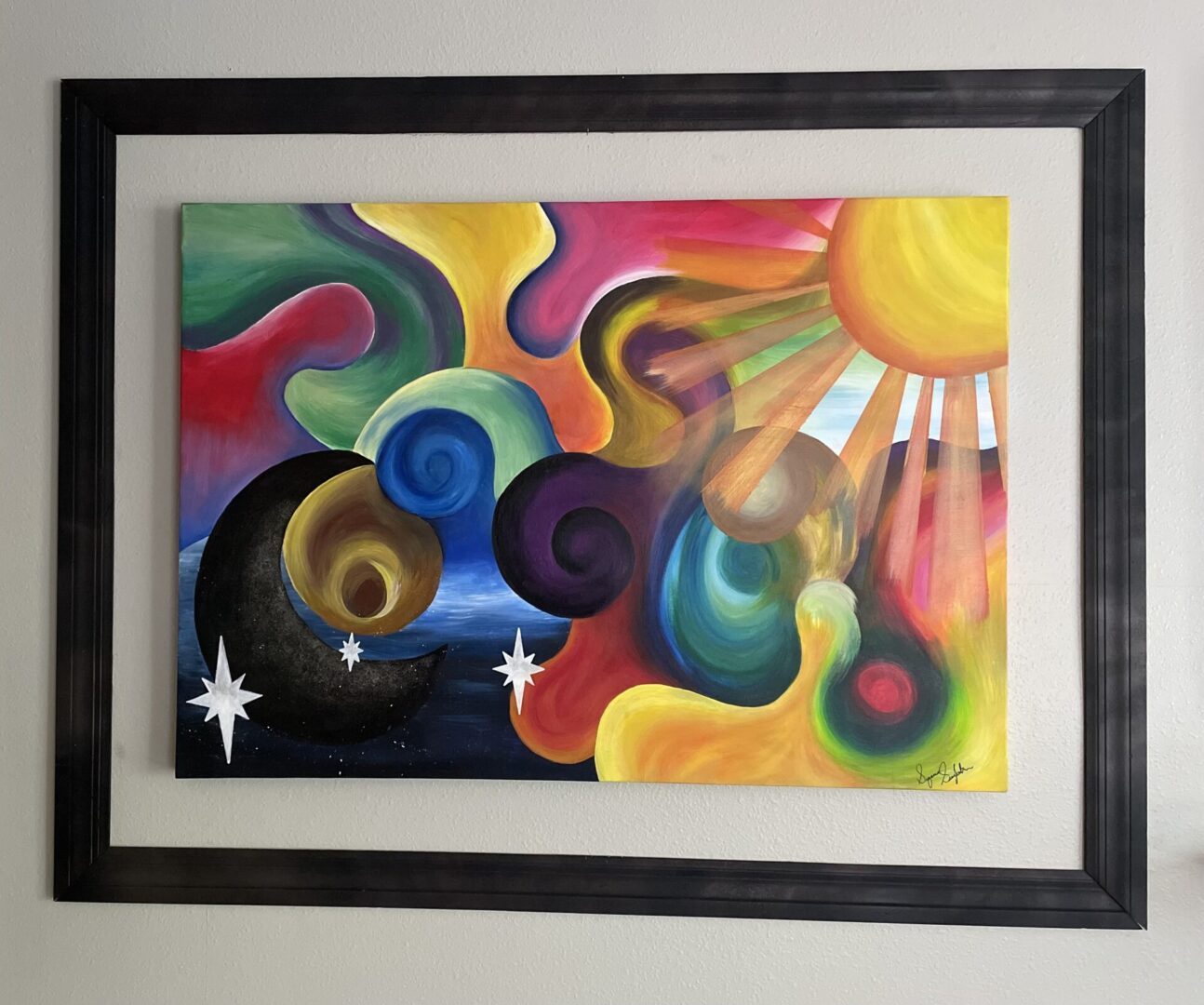 Colorful abstract painting with sun and moon.