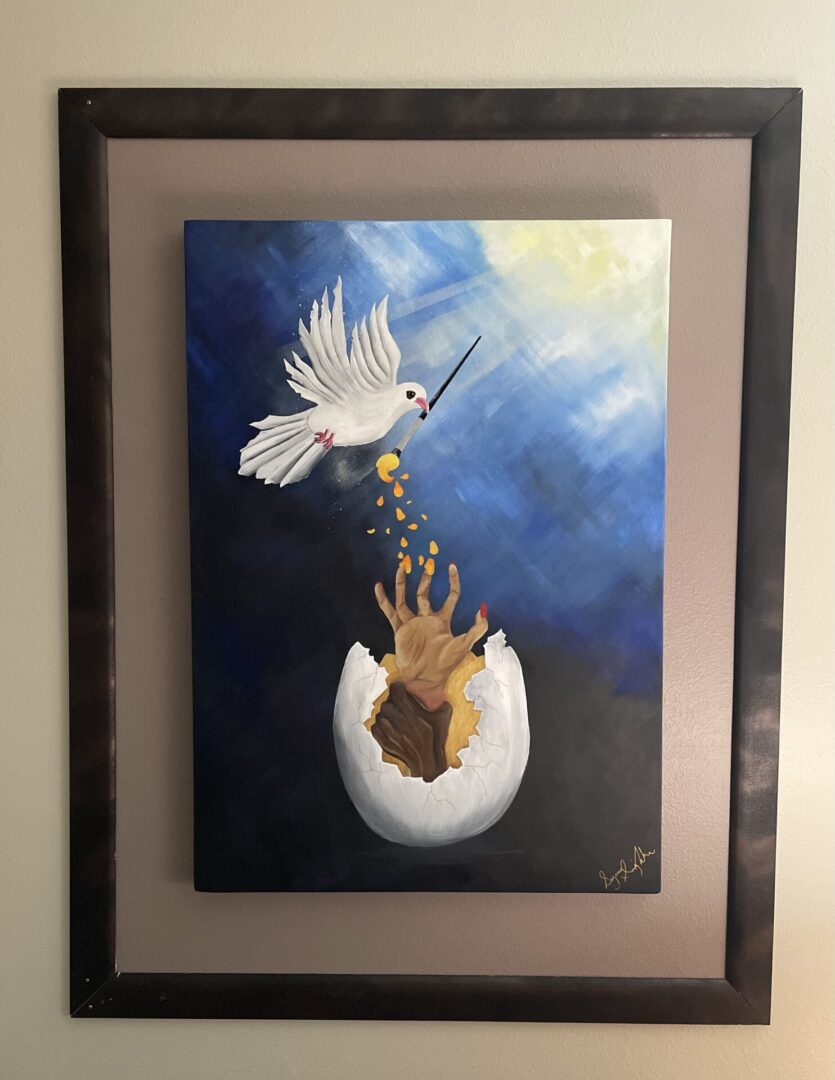 Painting of dove, hands, and egg.