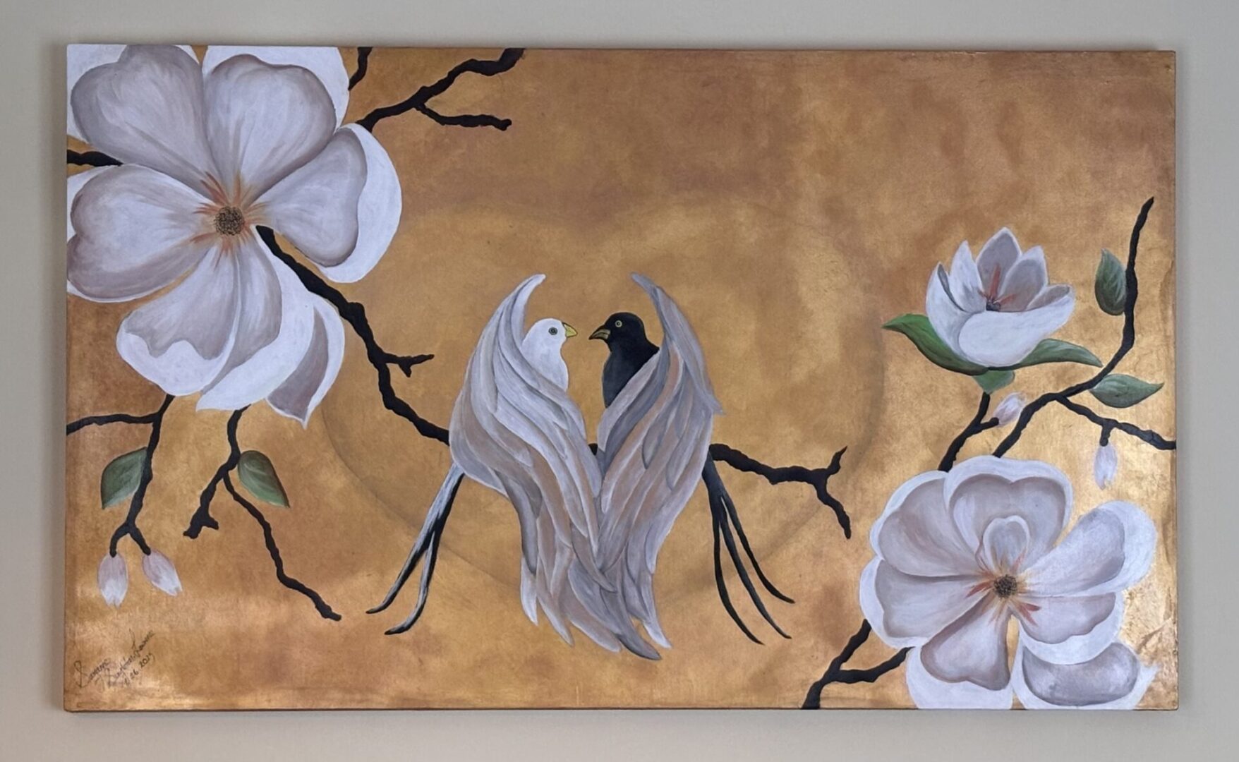 Two birds among large white flowers.