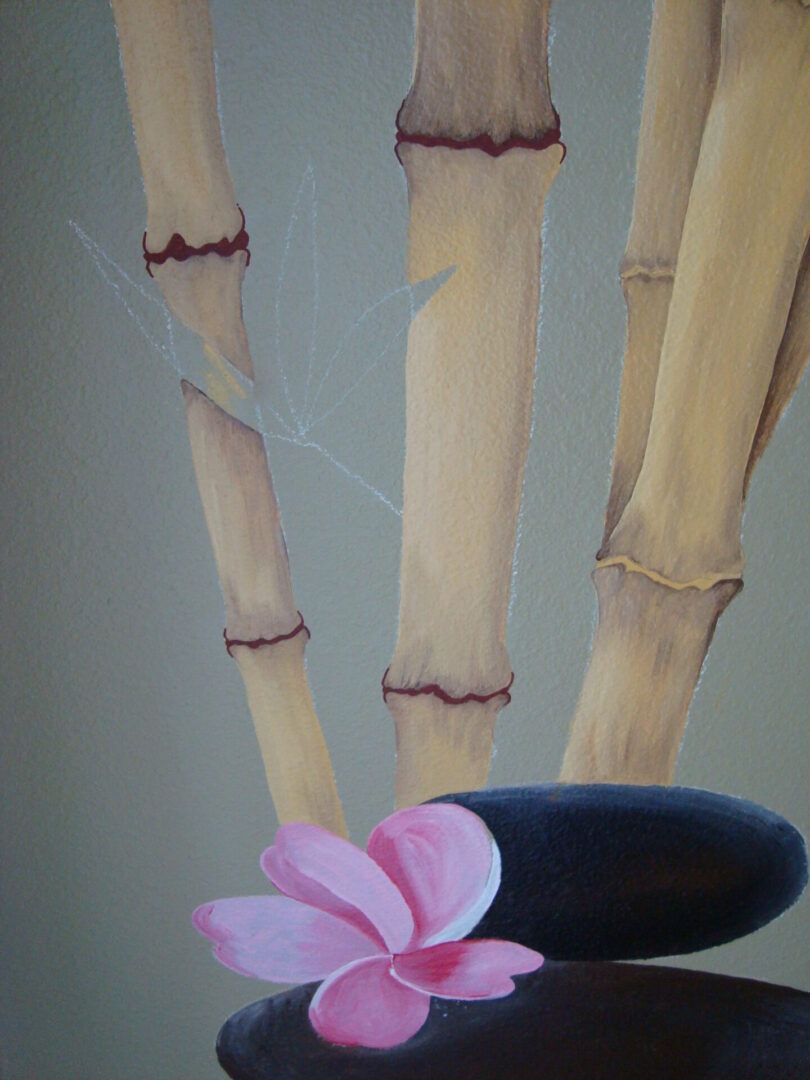 Bamboo and pink flower with stones.