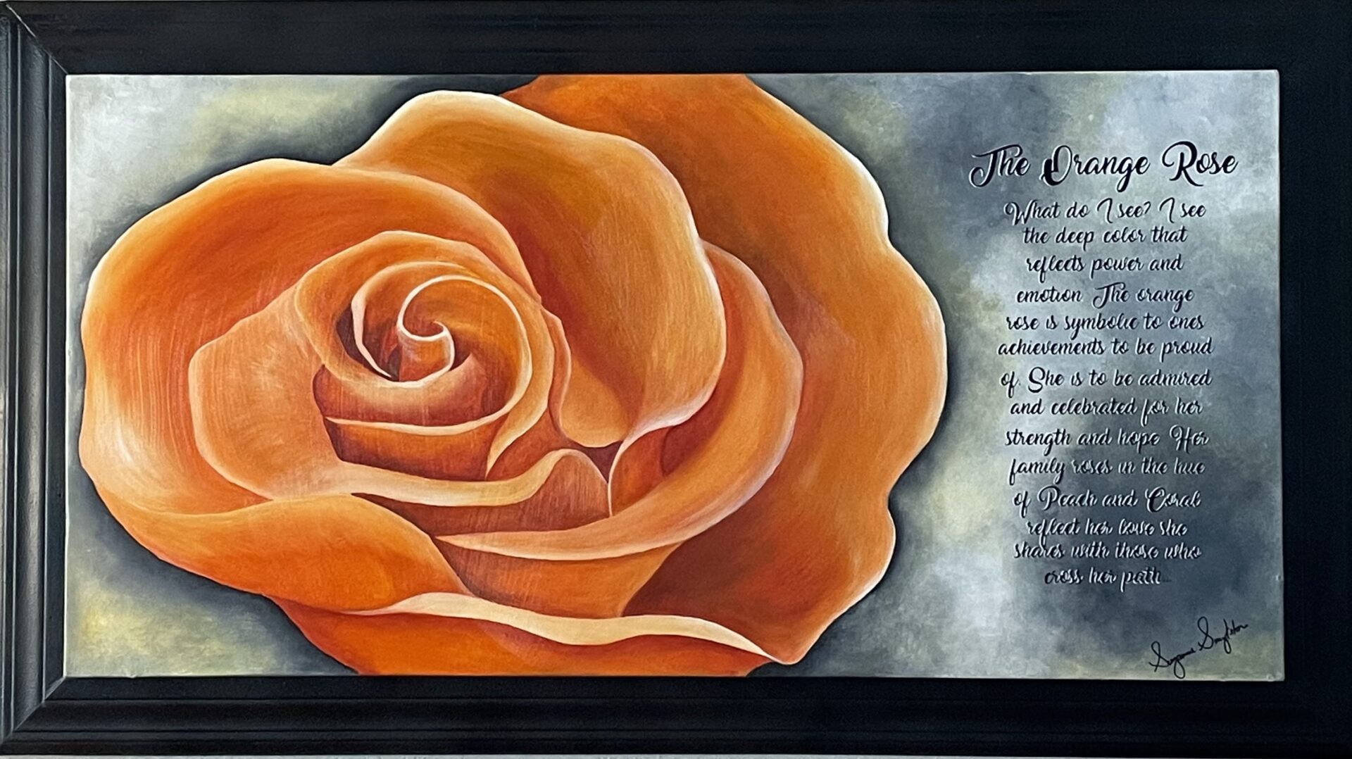 Painting of an orange rose with text.